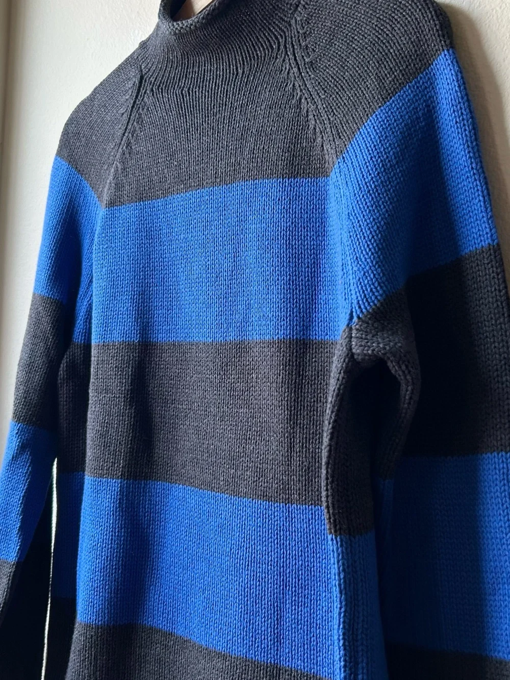 J. Crew 1988 Rollneck sweater in cotton hoop stripe Hthr Black Regal Blue Sz M